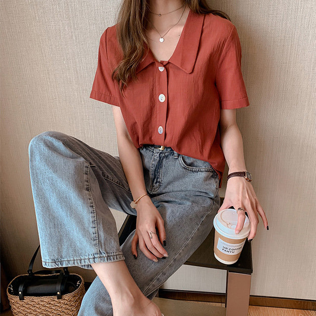 Season New Fashion Solid Color Short-sleeved Shirt Female Design Sense Minority Shirt Han Fan Shirt Hit