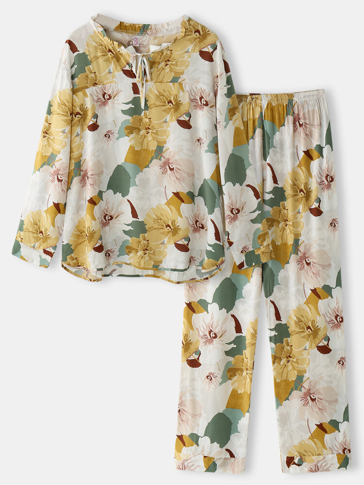Большие размеры Женское Уютные пижамные комплекты с цветочным принтом и разным воротником