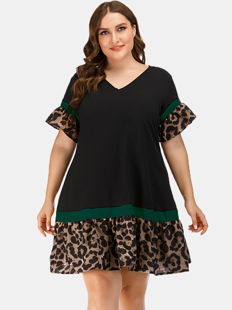 Leopard Print Patchwork Ruffle Sleeve Plus Size Dress for Women