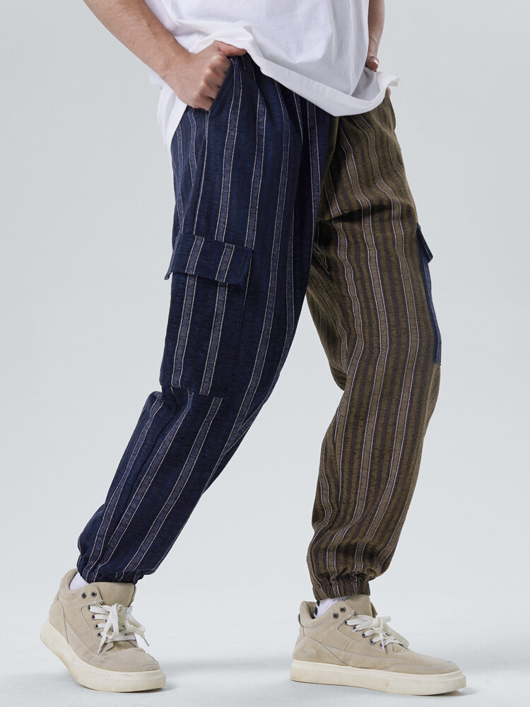 Mens Two Tone Striped Patchwork Flap Pocket Cotton Pants