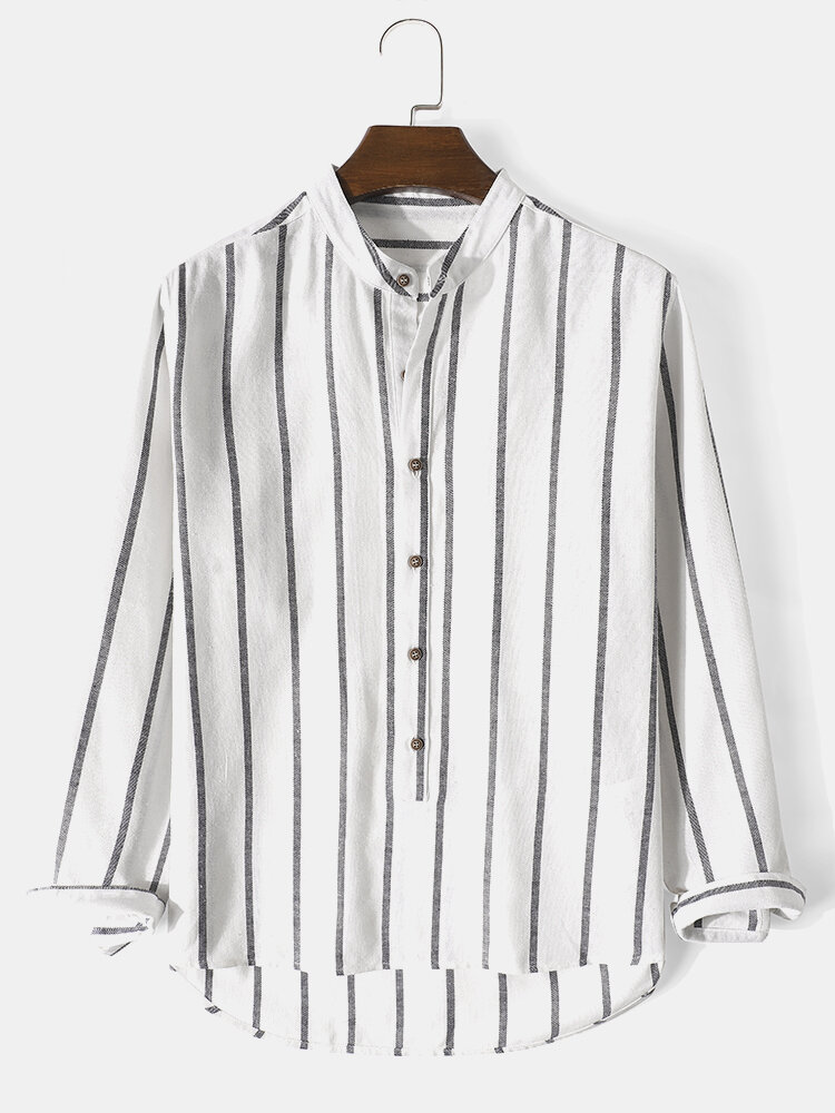 Mens 100% Cotton Striped High Low Plain Long Sleeve Henley Shirts