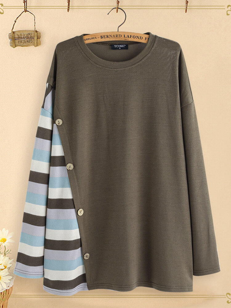Contrast Stripe Patchwork Long Sleeve Button Blouse For Women
