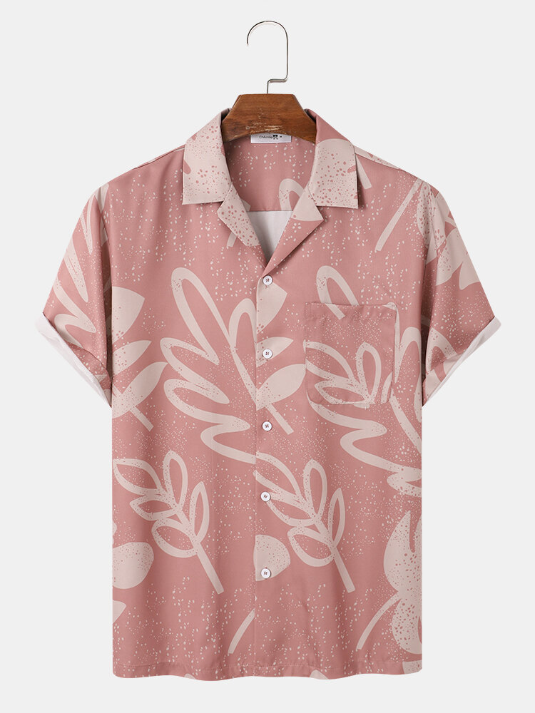 Mens Plants Dot Print Camp Collar Casual Short Sleeve Shirts