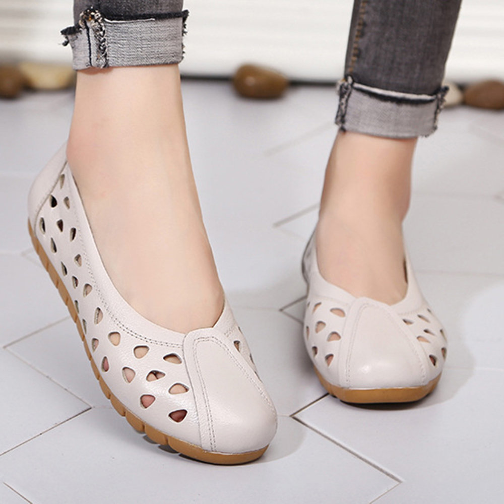 Large Size Women Casual Shoes Soft Leather Breathable Hollow Out Flats