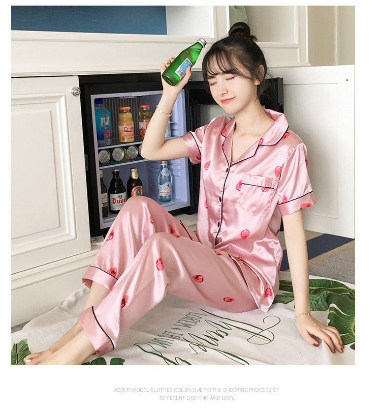 Strawberry Printed Short-sleeved Simulation Silk Thin Pajamas Two-piece Suit 