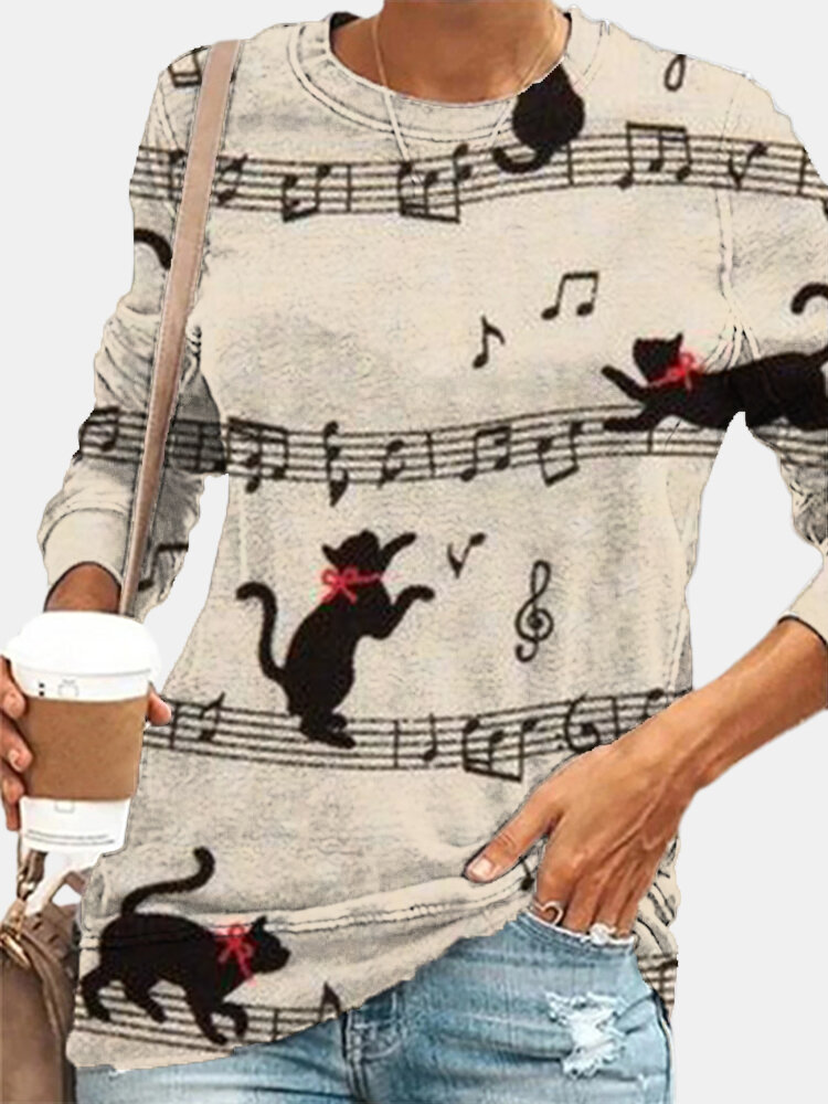 Cat Print O-neck Long Sleeve Plus Size T-shirt for Women