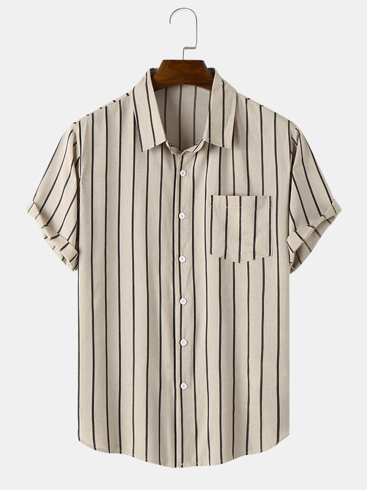 Mens Vertical Stripe Lapel Chest Pocket Daily Short Sleeve Shirts