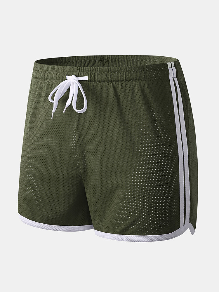 Men Mesh Striped Belt Mini Shorts Breathable Quick Dry Casual Boxer Shorts