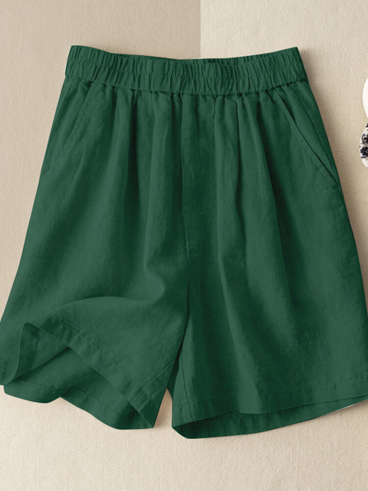 Women Solid Color Cotton Casual Elastic Waist Shorts