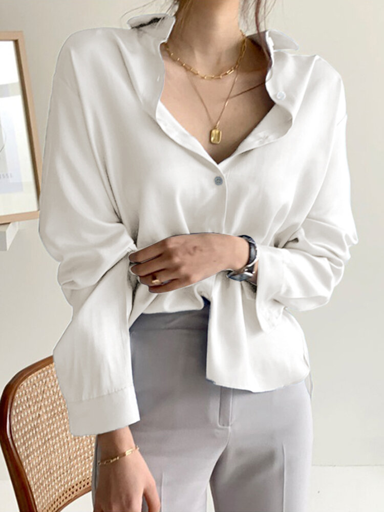 Women Solid Long Sleeve Button Lapel Shirt