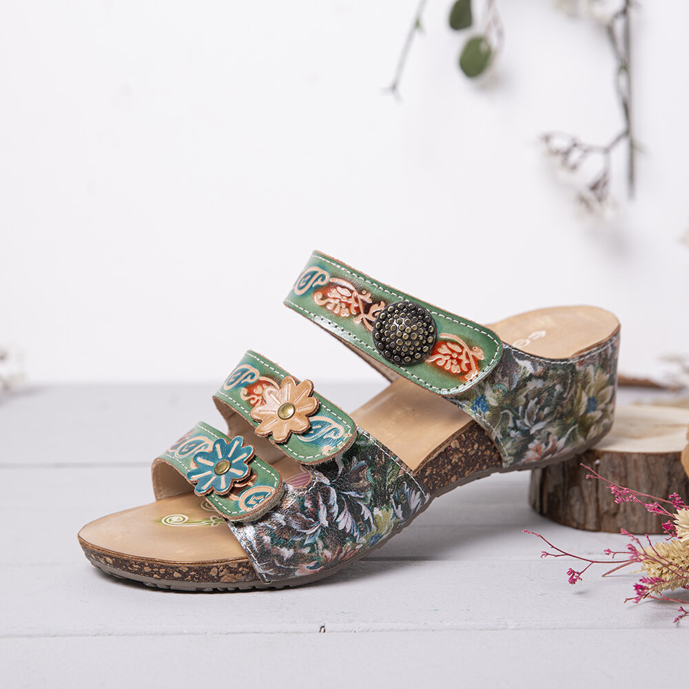SOCOFY Handmade Leather Beaded Floral Adjustable Strappy Slip on Slides Wedge Sandals