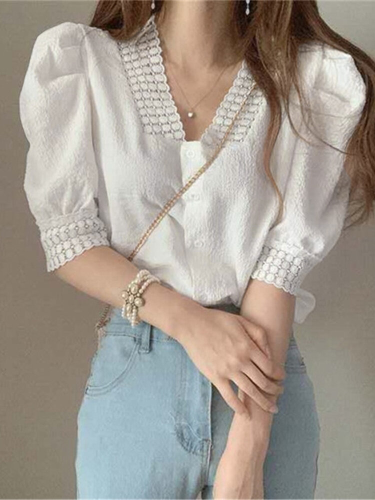 Puff Sleeve Lace Trim V-neck Solid Button Front Blouse