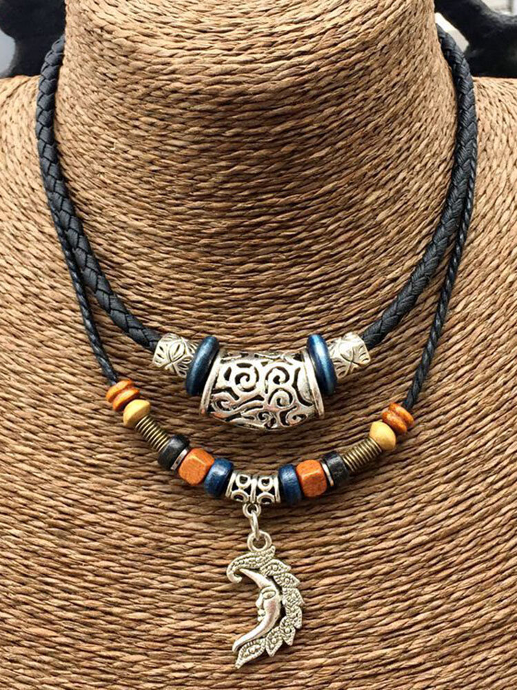 Vintage Hollow Carved Geometric-shape Beaded Pendant Braided Hemp Rope Double-layer Alloy Wooden Beads Necklace