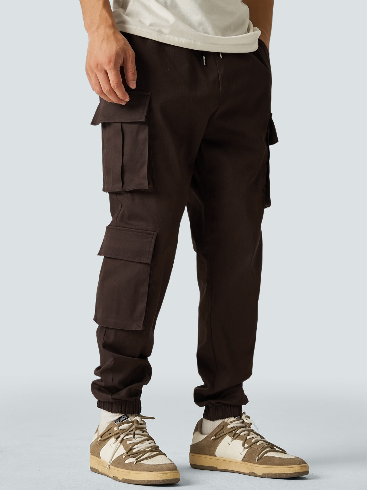 Mens Solid Color Multi Pocket Drawstring Cargo Pants