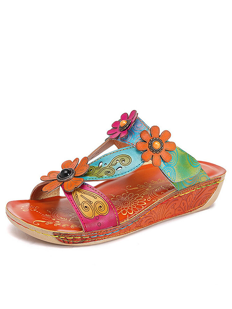 

Socofy Leather Floral Printing Opened Toe Backless Flat Sandals, Orange
