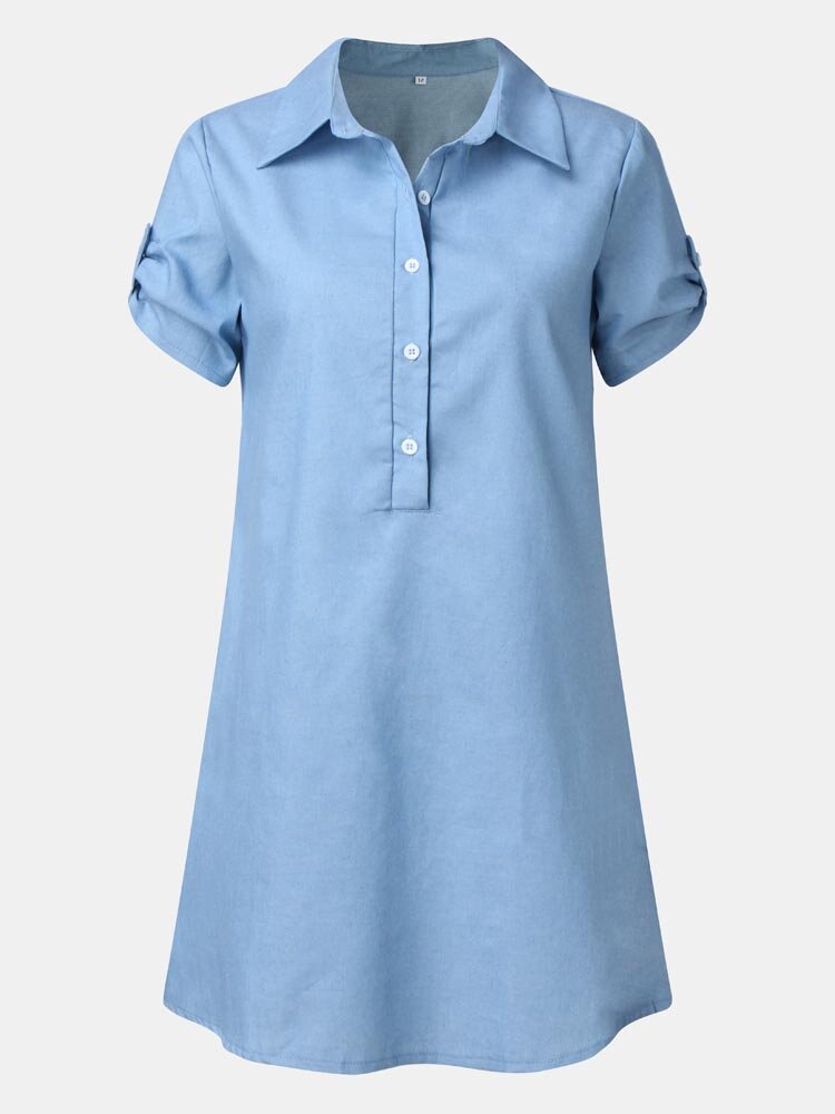 Solid Color Lapel Short Sleeve Button Denim Casual Dress For Women