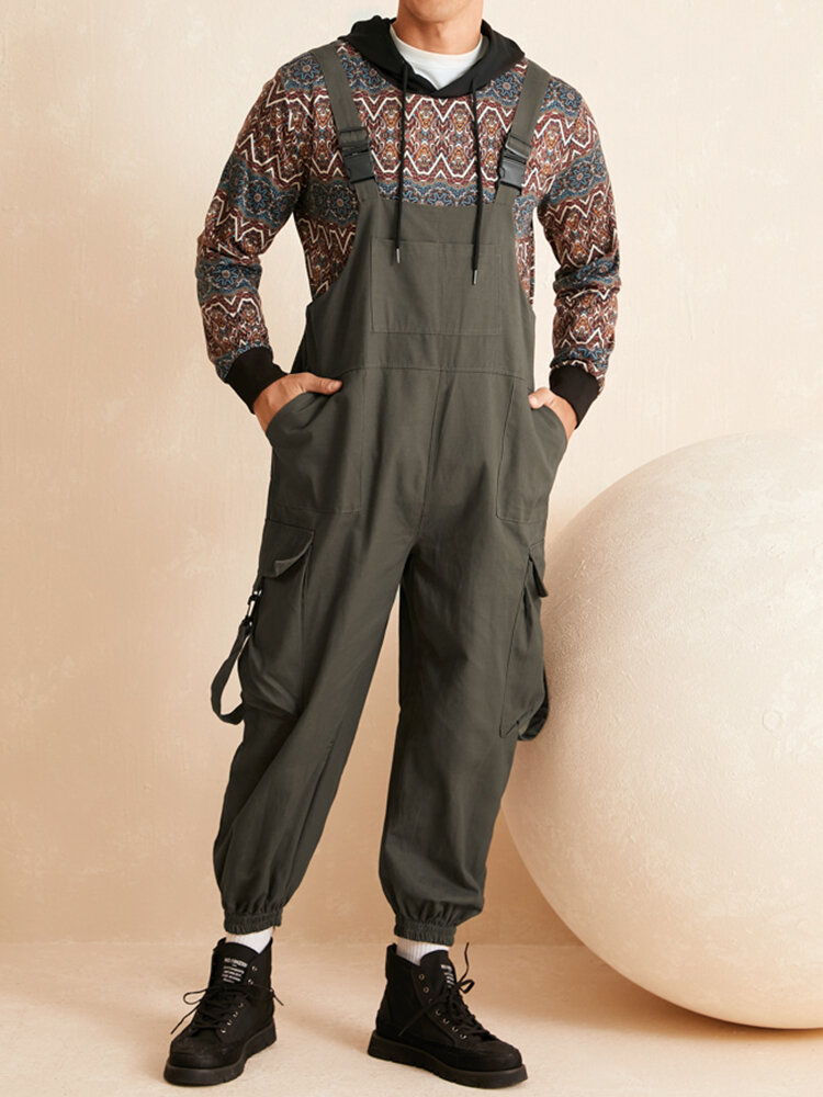 Mens Solid Color Multi Pocket Street Cuffed Cargo Overalls Jumpsuits