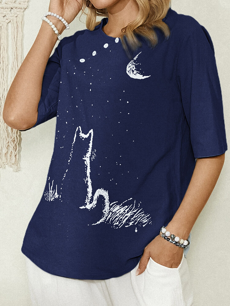 Cute Cat Print Button Short Sleeve Casual T-shirt for Women