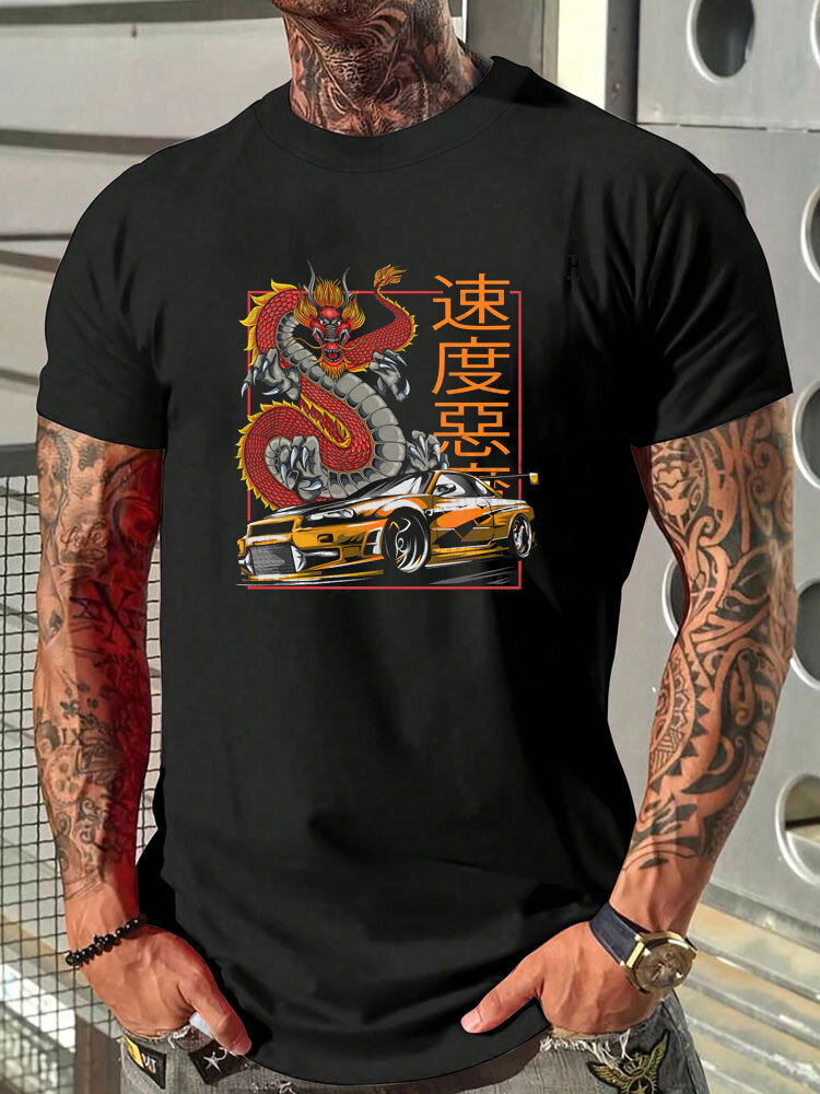 T-shirt a maniche corte invernali da uomo giapponesi Drago Car Print Crew Collo