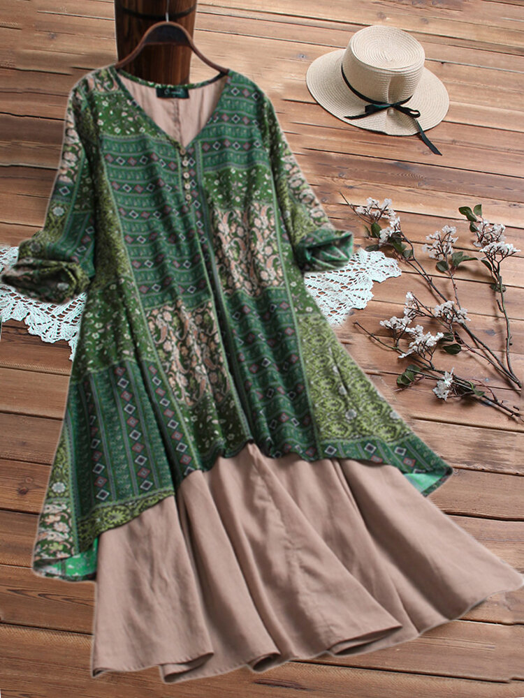 Vestido de mangas compridas em patchwork com estampa floral vintage e bolsos