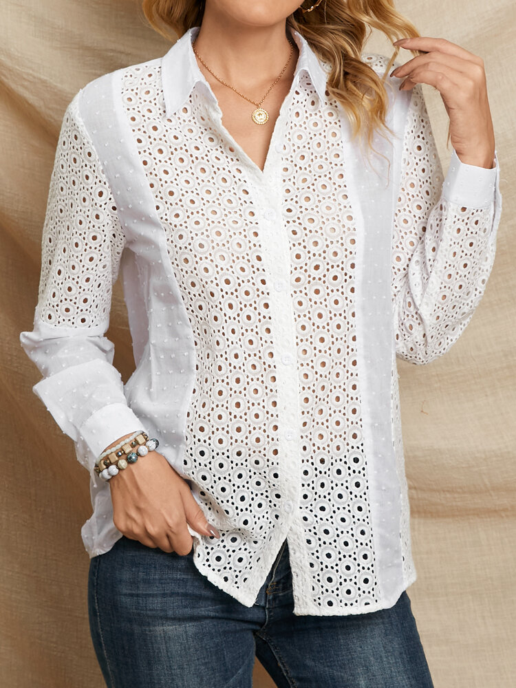 Solid Hollow Button Long Sleeve Lapel Stitch Blouse
