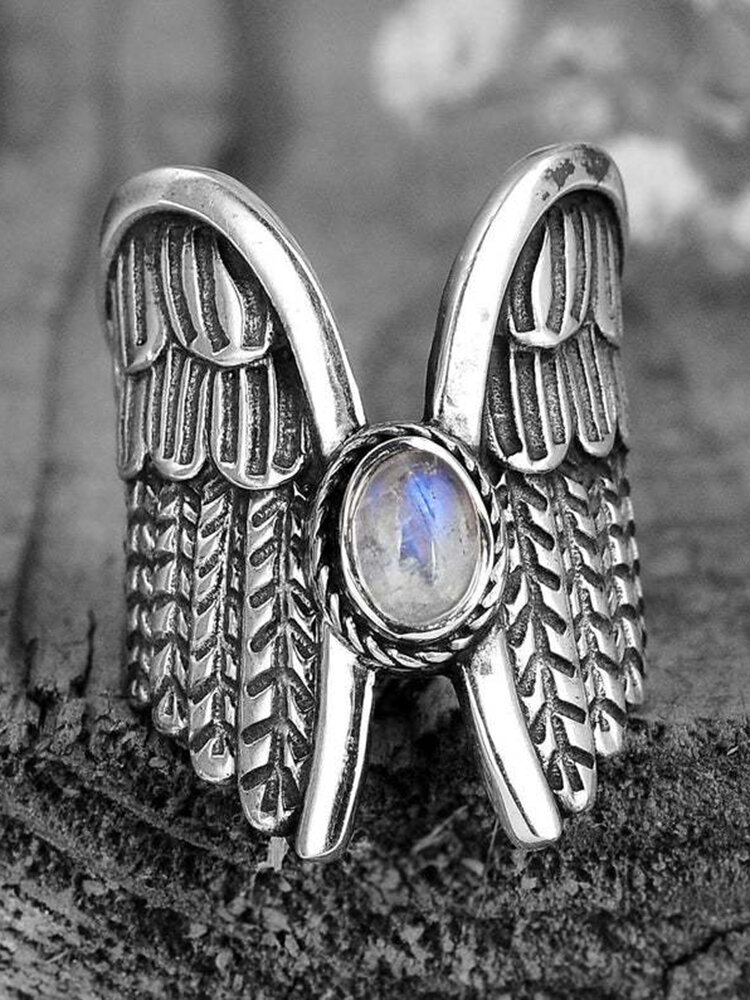 Alloy Vintage Angel Wing Ring Moon Stone Women's Ring Thai Silver Feather Ring