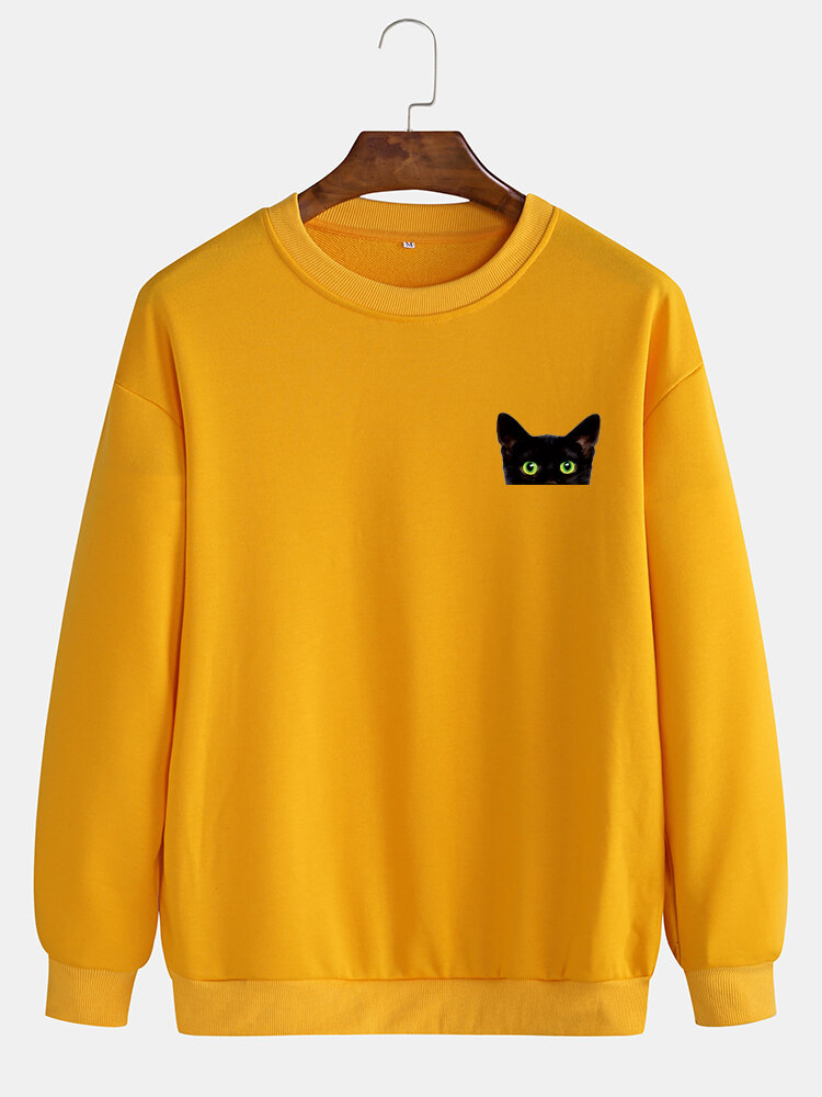 Mens Cotton Solid Color Casual Pullover Sweatshirts With Cartoon Black Cat