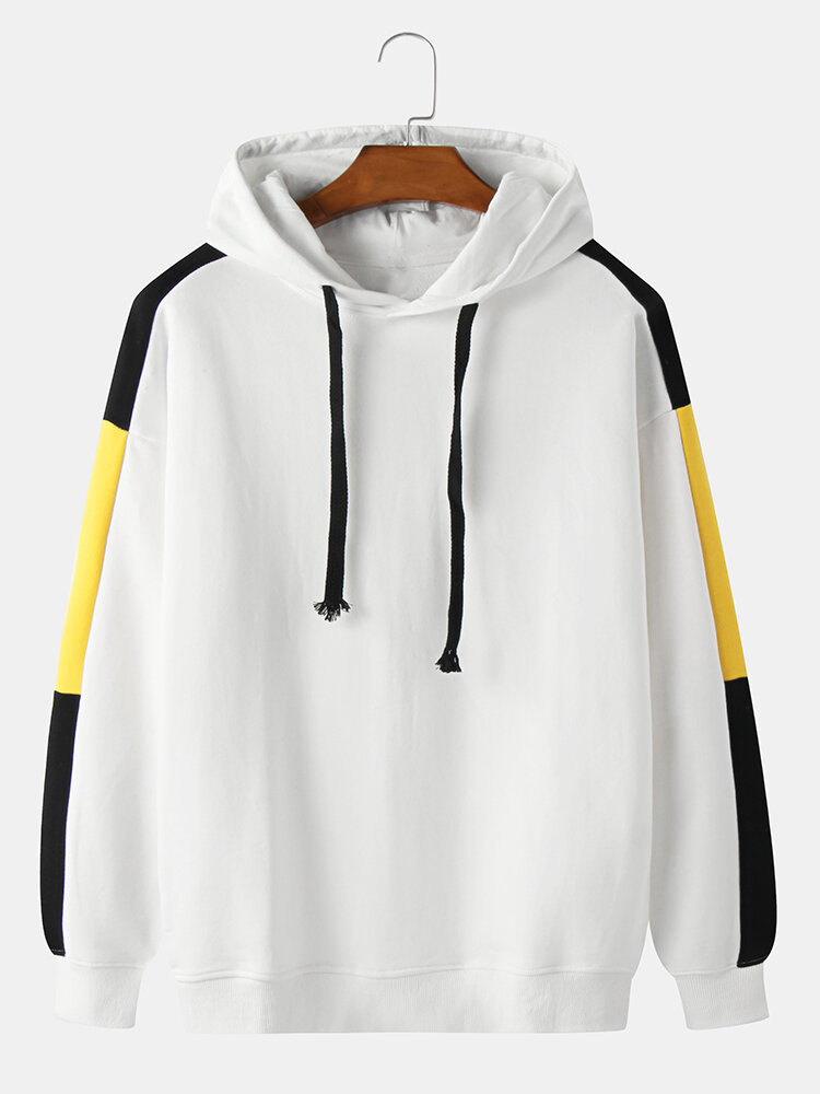 Mens 100% Cotton Colorblock Stitching Sleeve Casual Drawstring Hoodies