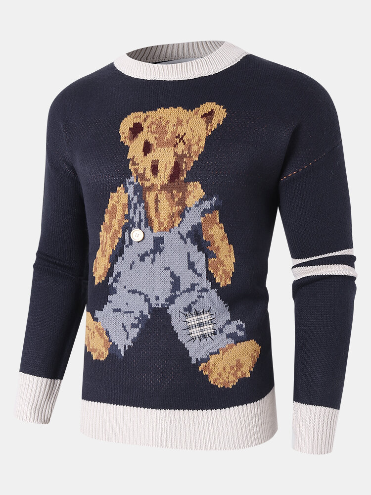 Mens Cartoon Bear Pattern Crew Neck Knit Pullover Sweaters