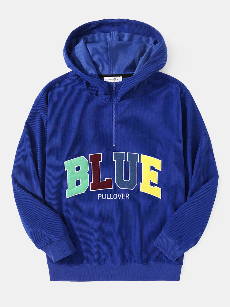 

Mens Letter Embroidered Corduroy Zipper Front Casual Overhead Hoodies, Blue