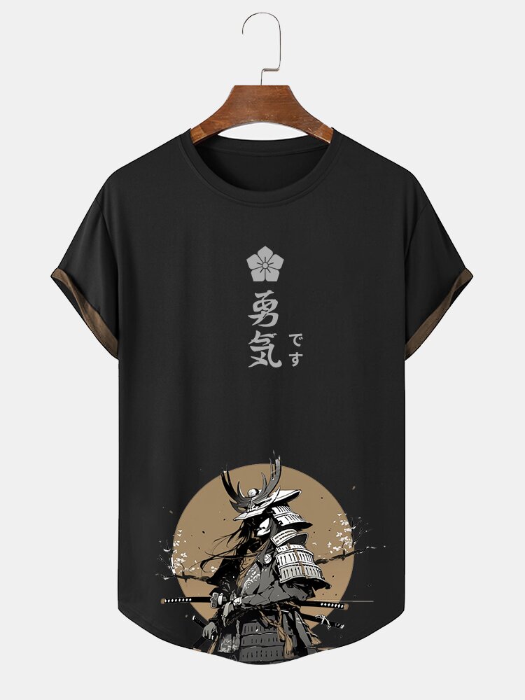 

Mens Japanese Warrior Print Curved Hem Short Sleeve T-Shirts, Black