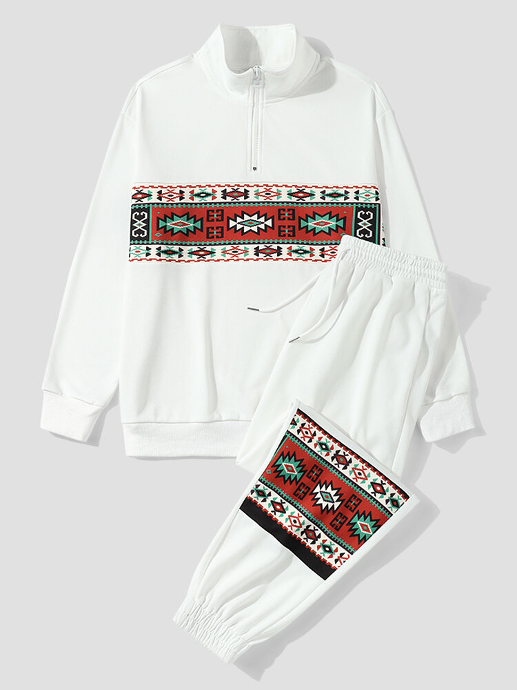 Mens Ethnic Geometric Print Patchwork Half Zip Sweatshirt Two Pieces Outfits