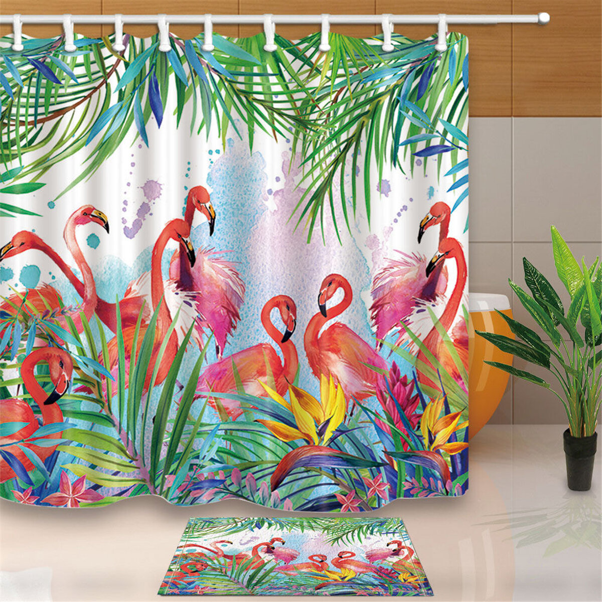 Tropical Flowers And Flamingo Theme Bathroom Shower Curtain Waterproof Fabric & 12hooks