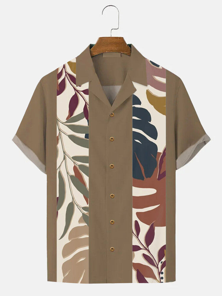 

Mens Tropical Plants Print Patchwork Revere Collar Short Sleeve Shirts, Khaki