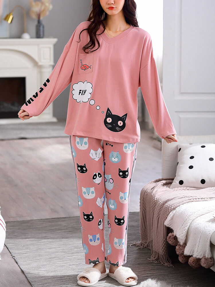 Plus Size Damen Cotton Cute Katze Letter Print V-Ausschnitt Brusttasche Lange Pyjamas-Sets