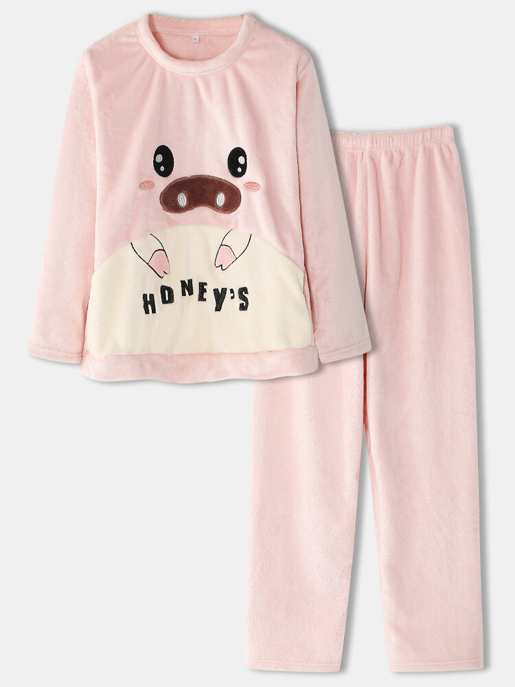 

Women Plus Size Cute Pig Flannel Coral Fleece Thick Warm Home Casual Comfy Pajamas Set, Pink
