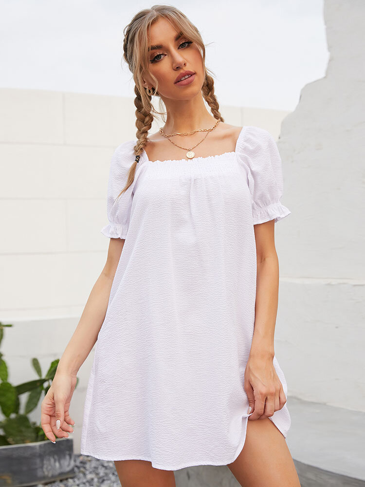 Solid Puff Short Sleeve Loose Square Collar Casual Dress