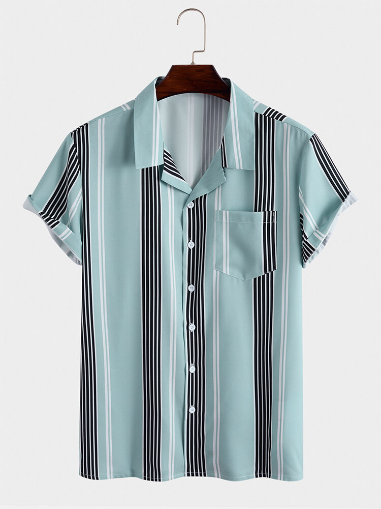 Mens Vertical Stripes Pocket Revere Collar Casual Short Sleeve Shirts