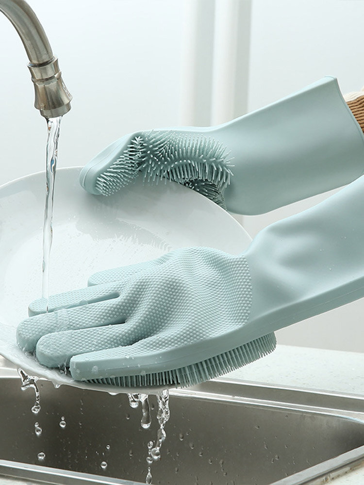 Silicone Dishwashing Gloves Kitchen Bathroom with Cleaning Brush Housekeeping Scrubbing Gloves