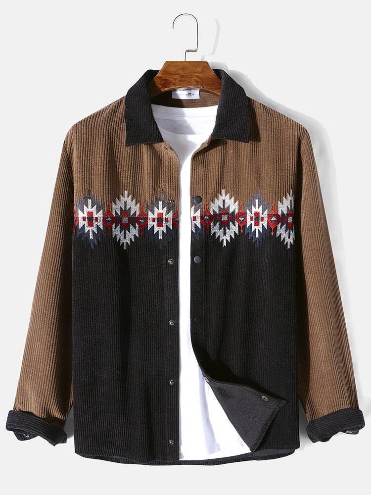 Mens Geometric Embroidered Patchwork Snap Button Corduroy Jacket