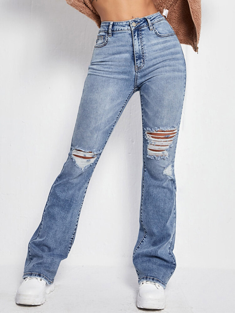 Distressed Ripped Button Zip Front Pocket Casual Denim Jeans