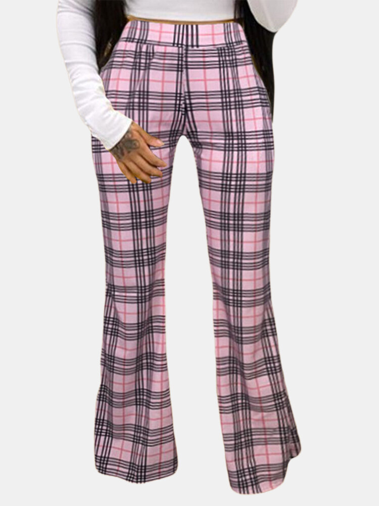 

Plaid Print Bell-bottomed Long Casual Pant for Women, Pink;yellow