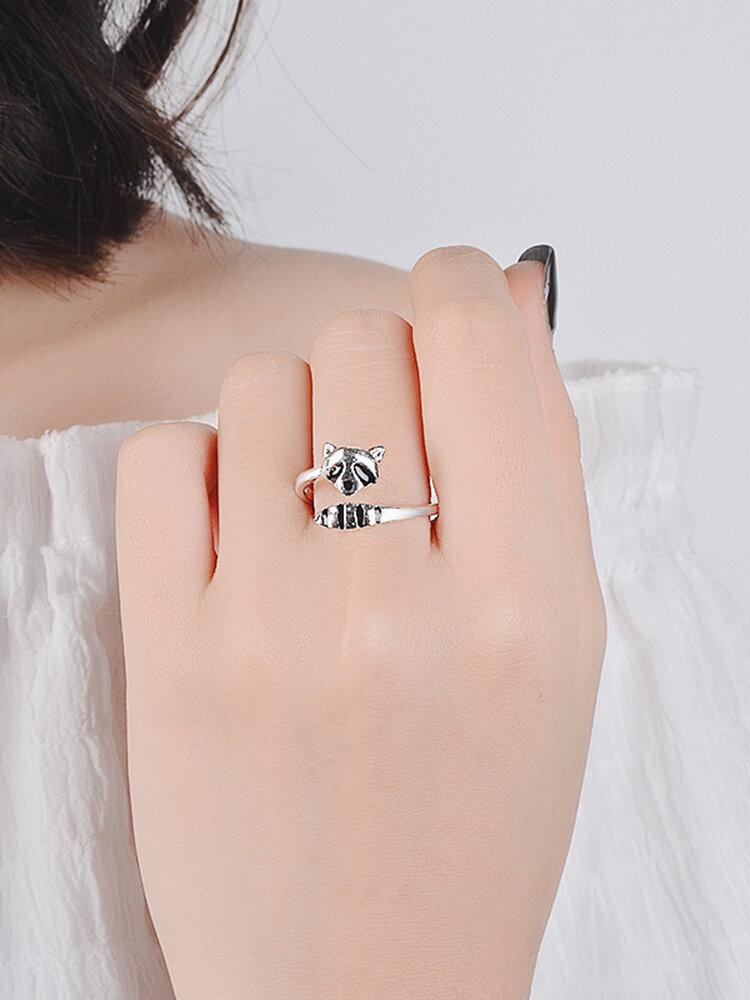 

Vintage Animal Women Ring Cute Adjustable Open Raccoon Fox Tail Ring Jewelry Gift, Silver