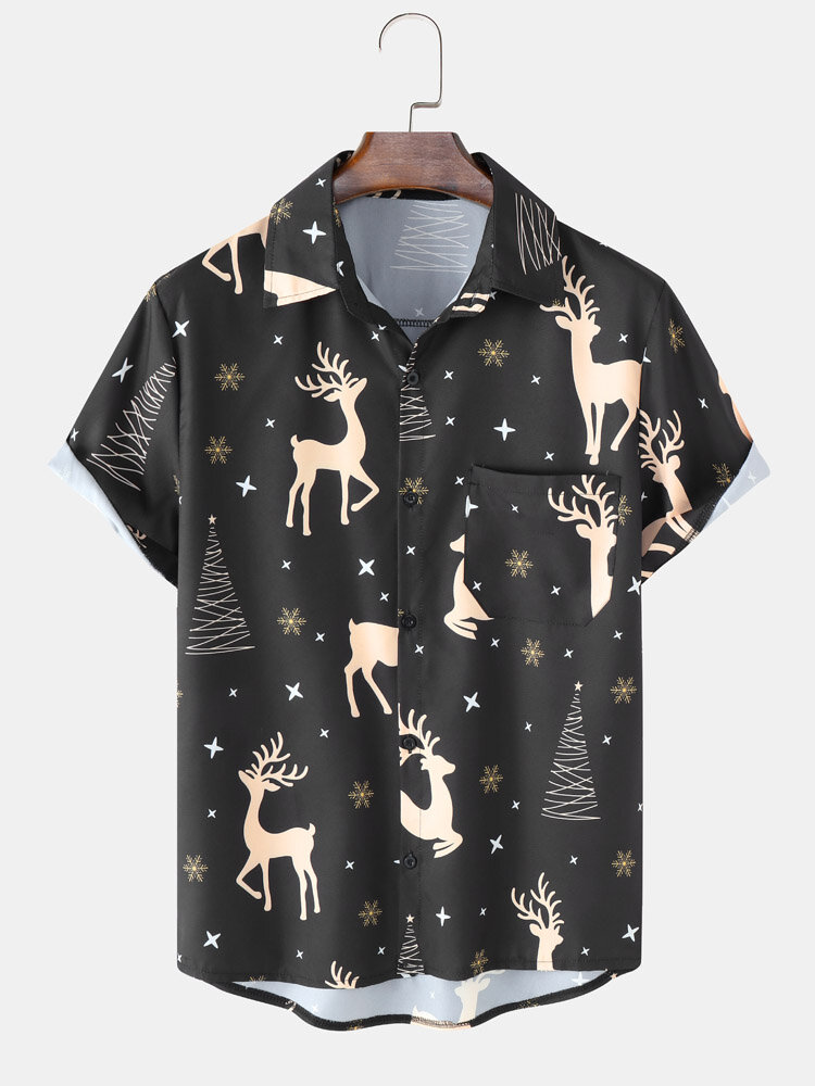 Mens Elk Snowflake Printed Christmas Button Casual Short Sleeve Shirts