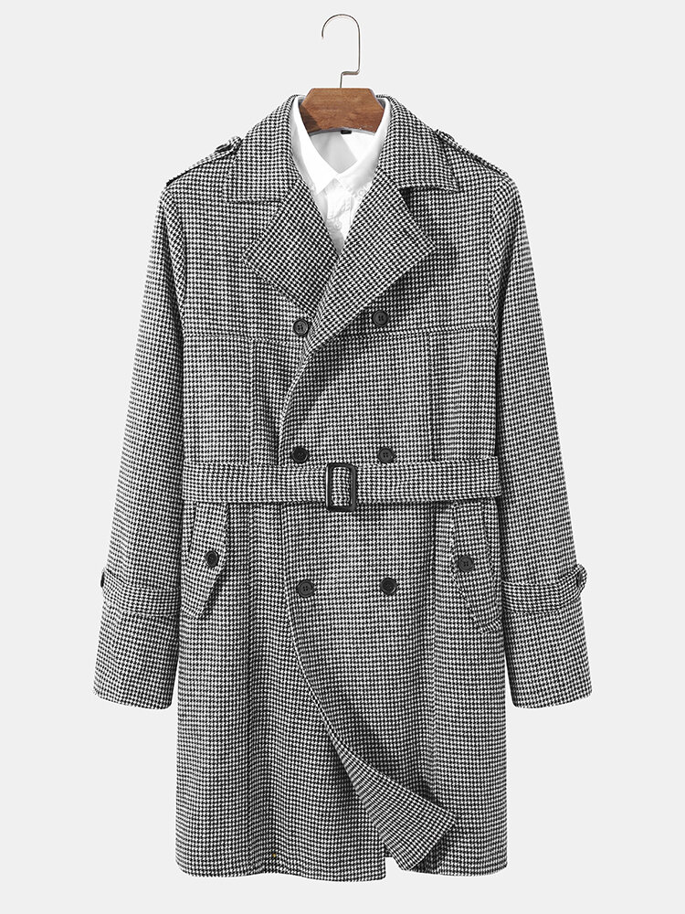 

Mens Houndstooth Double Breasted Casual Tweed Trench Coat Overcoats With Belt, Black