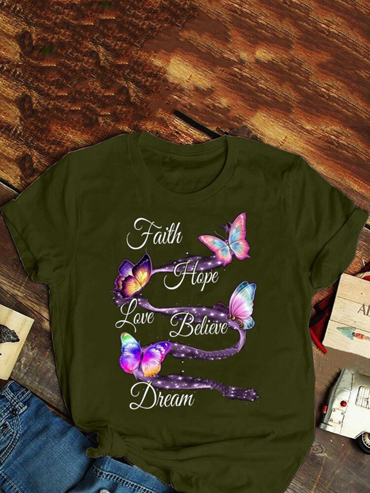 Butterflies Print O-neck Plus Size T-shirt for Women