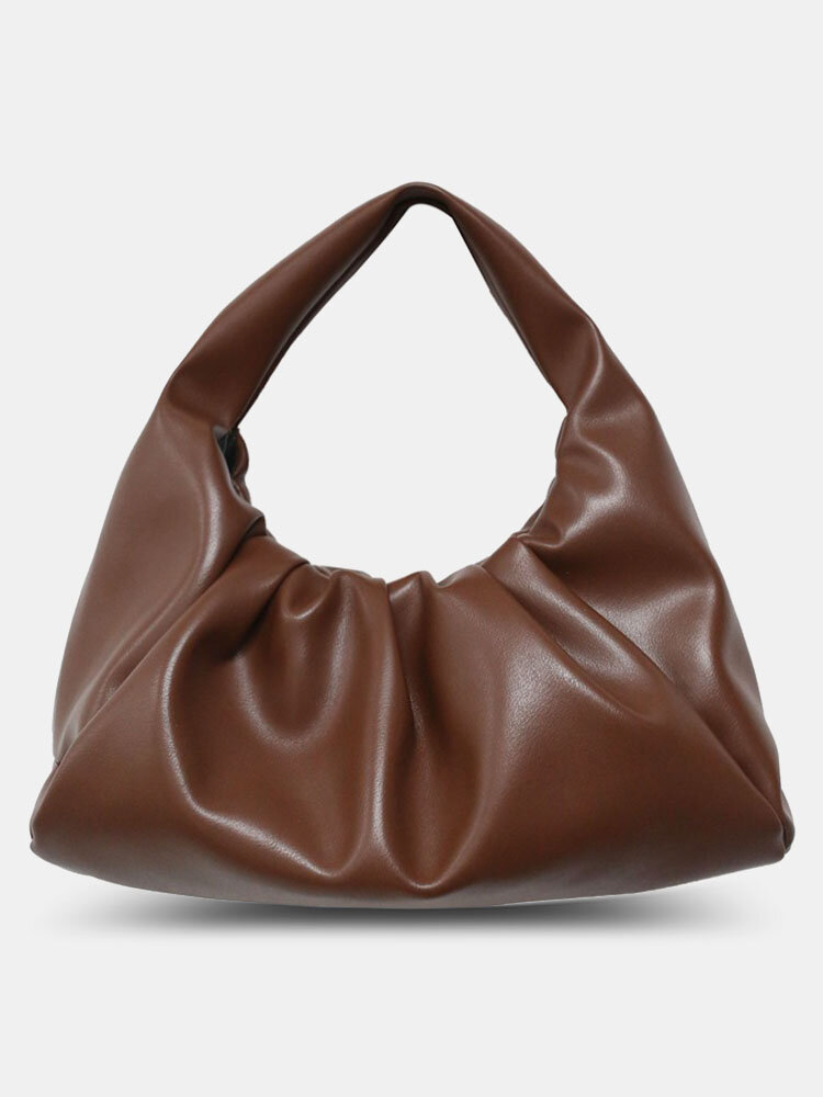 Women PU Leather Large Capacity Shoulder Bag Handbag Tote Cloud Bag Ruched Bag