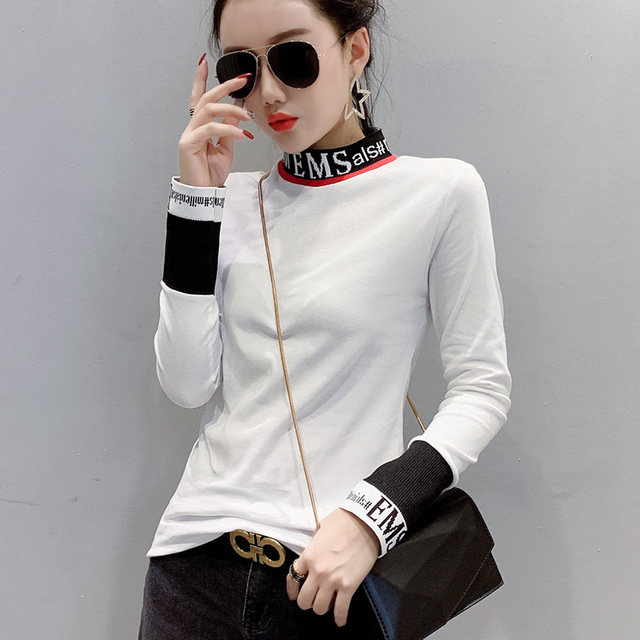 Long-sleeved T-shirt  Stitching Thread Letter Slim Half-high Collar Foreign Body Bottoming Shirt