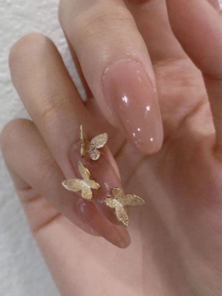 24Pcs/Box Detachable Stereoscopic Gold Powder Butterfly Fake Nail Patch Full Cover Almond Nails Tips