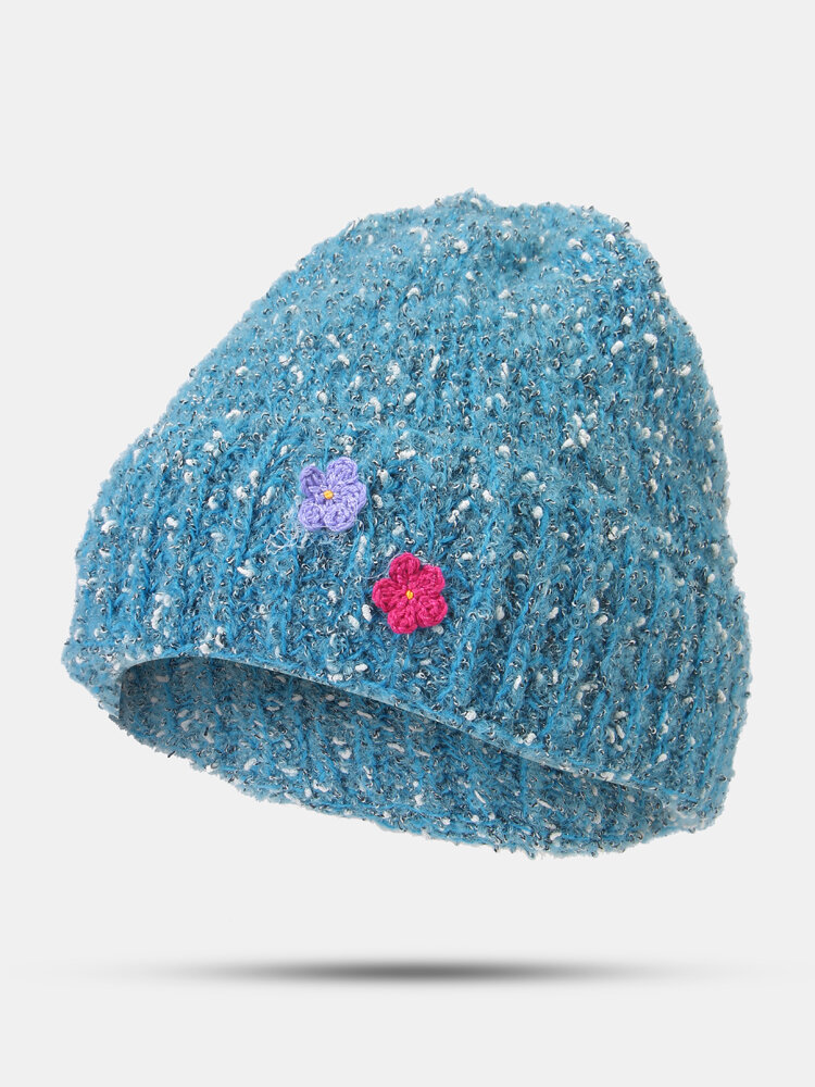 Women Mixed Color Wool Blend Knited Colorful Floret Decoration Warmth Brimless Beanie Hat